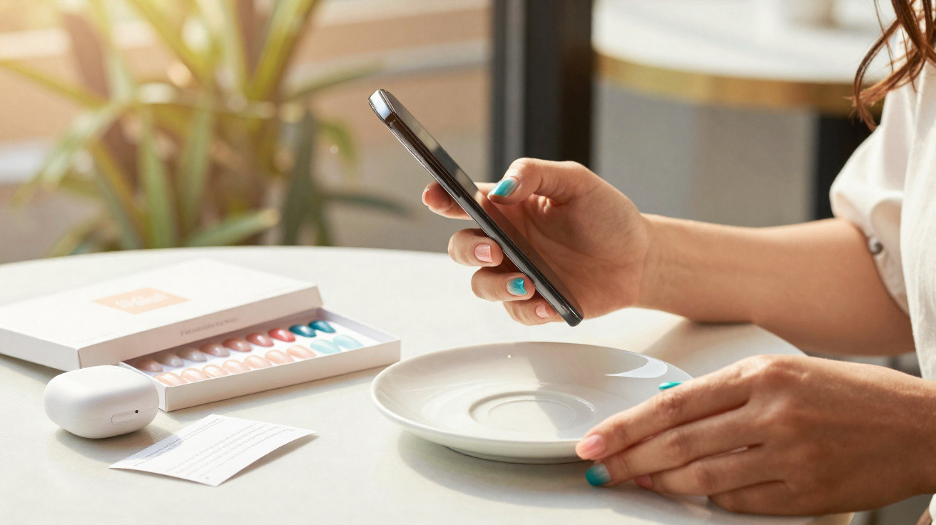 Pessoa segurando celular com unhas pintadas e mesa com prato, caixa de esmaltes e estojo branco.