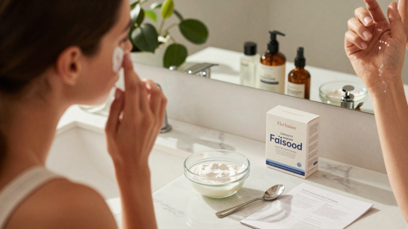 Mulher aplicando creme facial em frente a espelho com produtos de skincare e recipiente de pó na bancada.