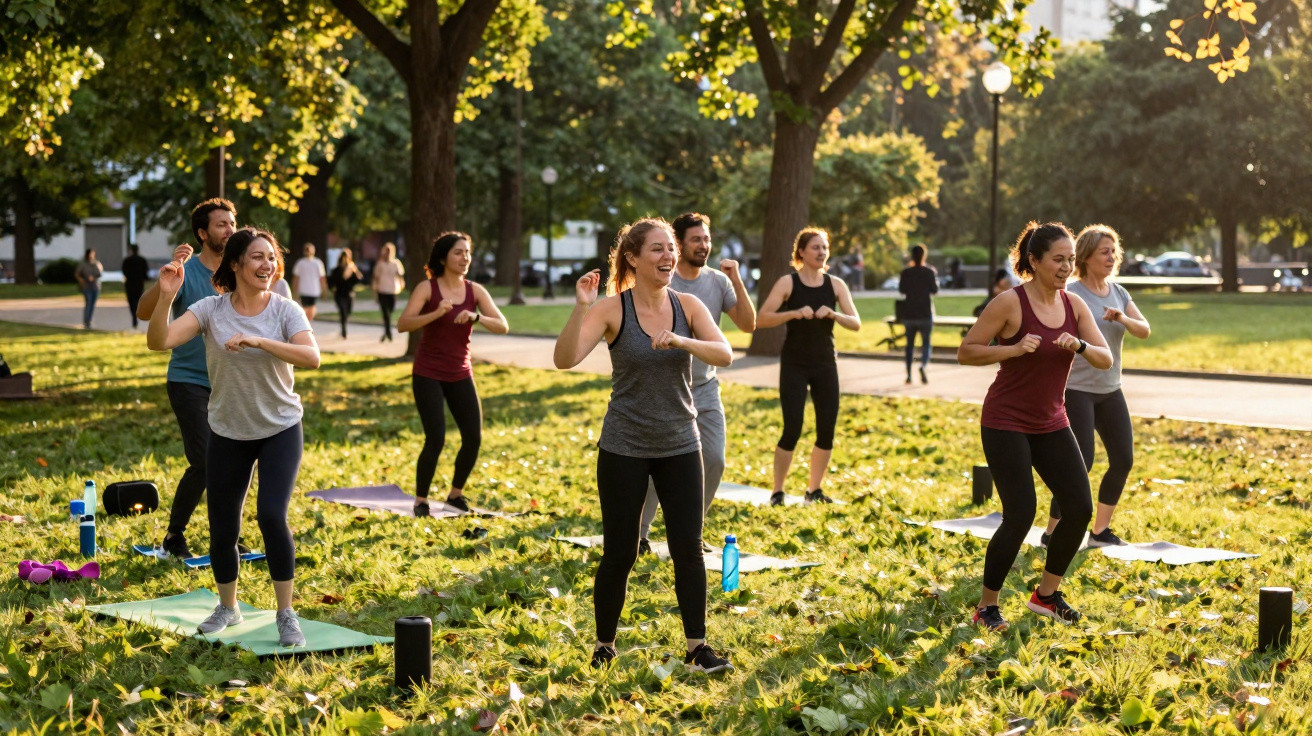 Grupo de pessoas praticando exercício em parque com árvores e luz do sol no fim da tarde.