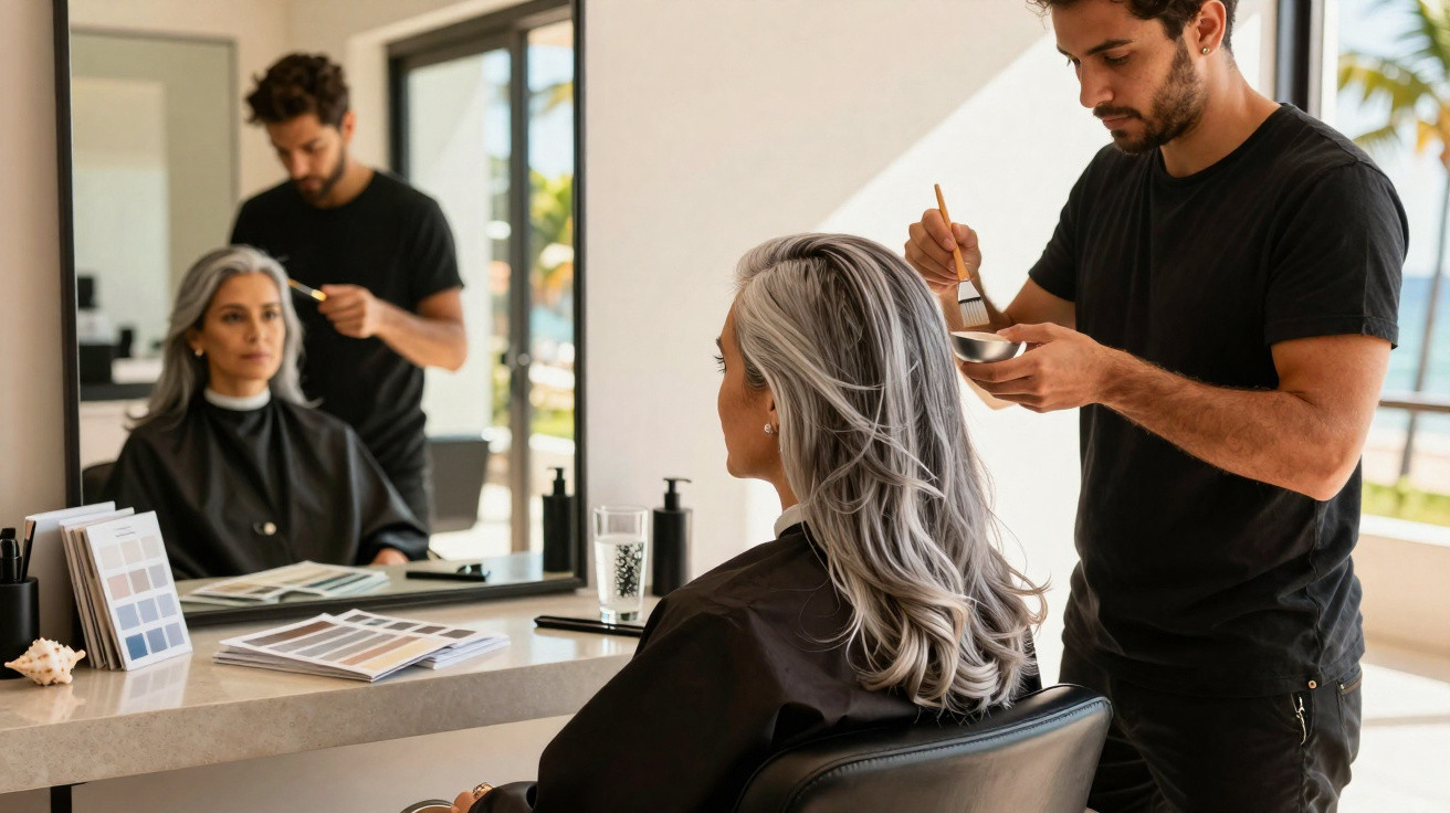Homem aplicando tintura no cabelo grisalho de mulher em salão de beleza moderno.