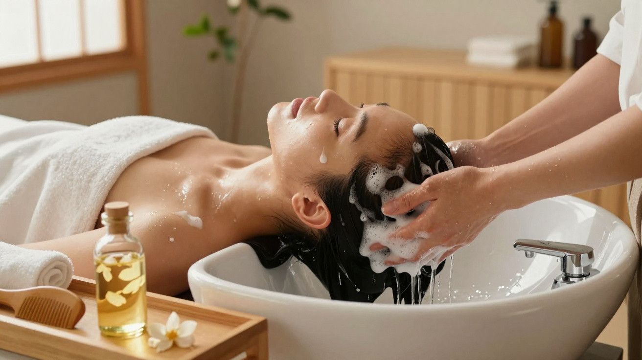 Mulher relaxando enquanto profissional lava seus cabelos com espuma em salão de beleza.