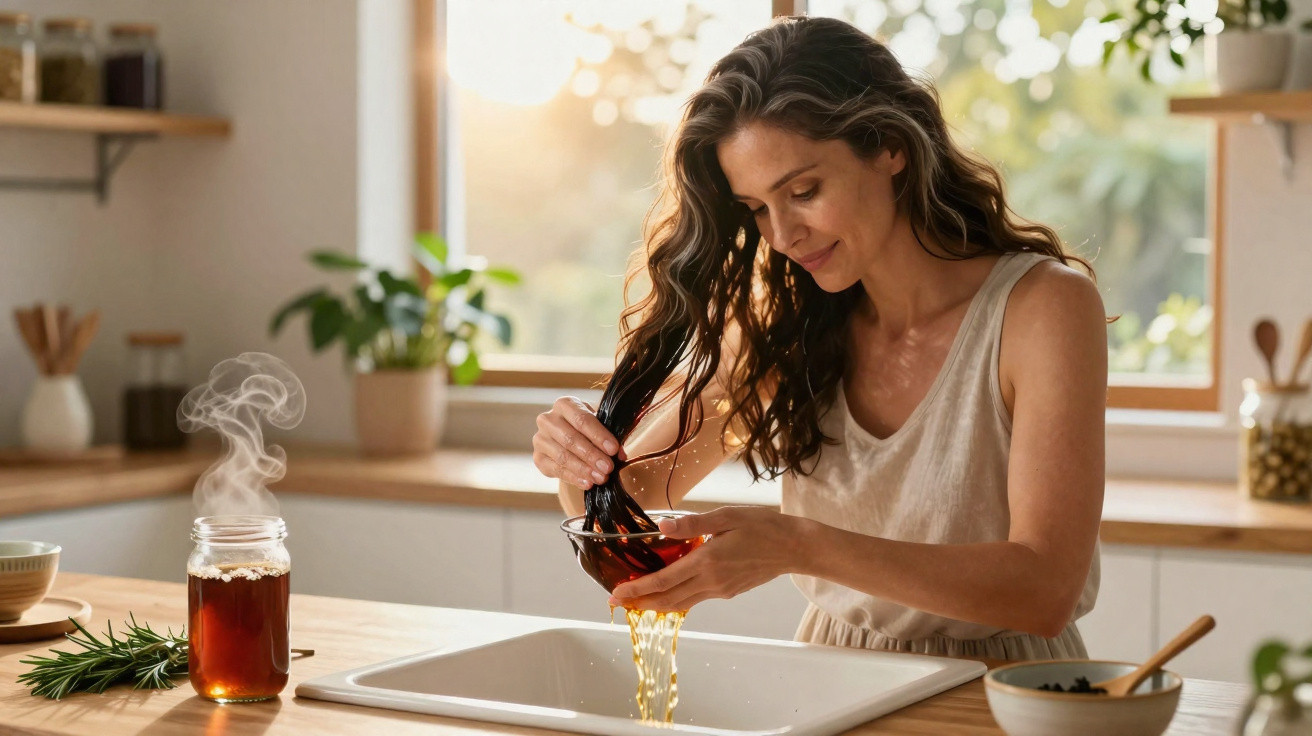 Mulher despejando líquido âmbar em tigela na cozinha, com jarra de infusão quente ao lado.