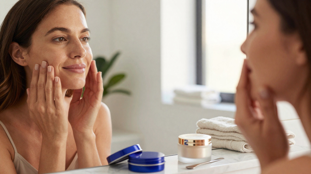 Mulher aplicando creme facial, olhando seu rosto no espelho do banheiro com potes de cosméticos à frente.