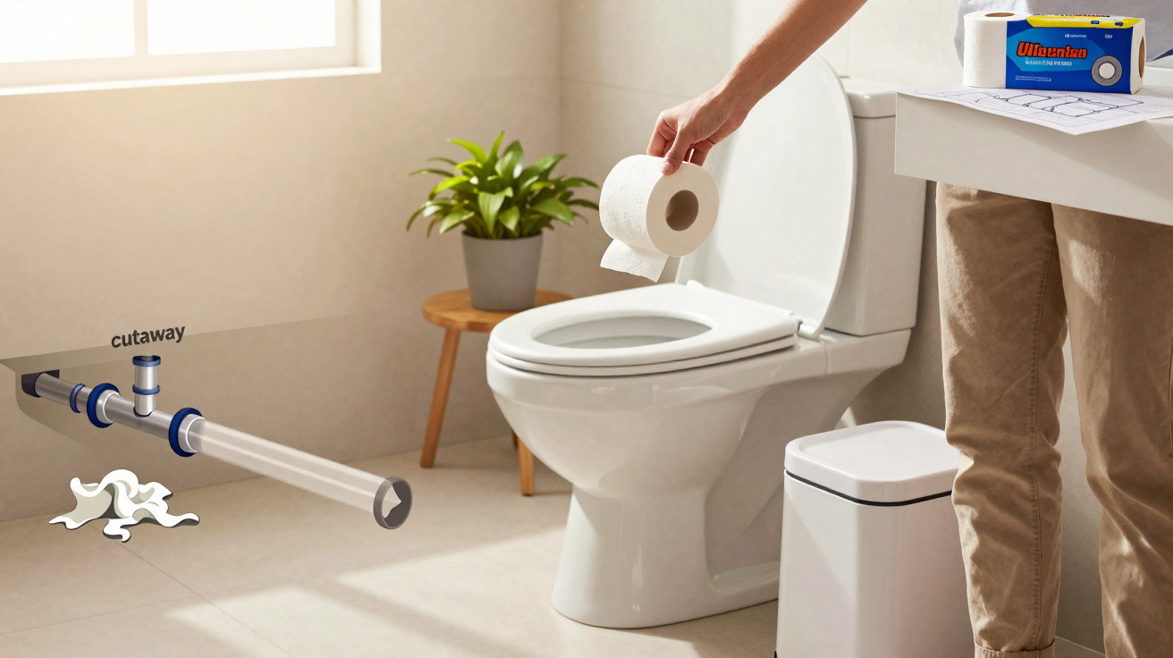 Banheiro com vaso sanitário, papel higiênico, planta e sistema de encanamento exibido na parede.