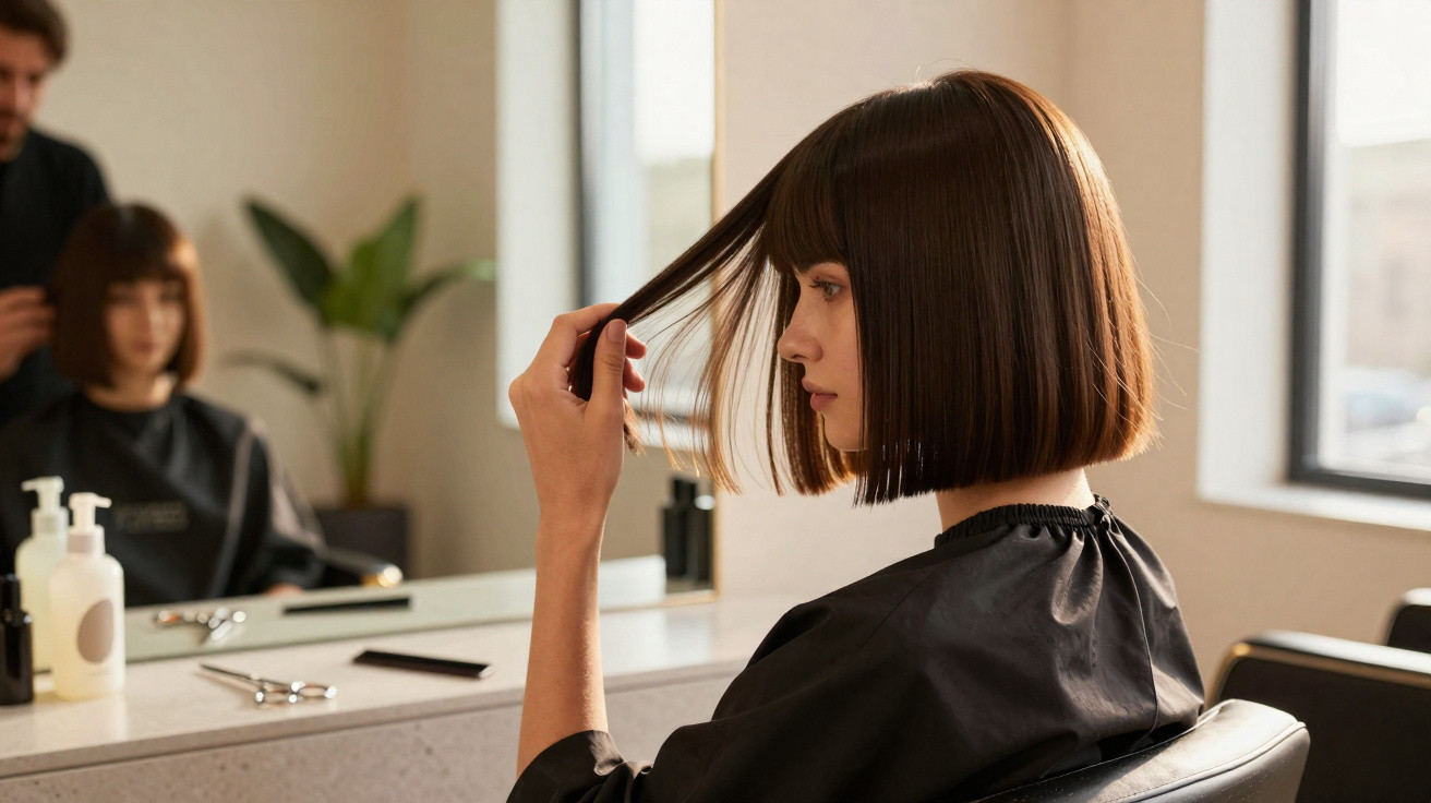Mulher com cabelo curto e liso sentada em salão de beleza, examinando seu corte no espelho.
