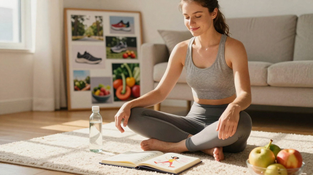 Mulher sentada de pernas cruzadas lendo livro sobre exercícios, com garrafa de água e frutas ao lado.