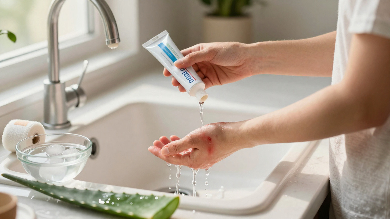 Pessoa aplicando gel em feridas no antebraço próximo à pia com folha de aloe vera ao lado.