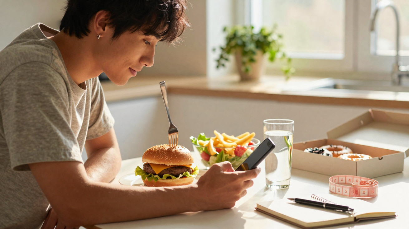 Homem sentado à mesa com hambúrguer, batata frita, água, caixa de pizza e fitas métricas, usando celular.