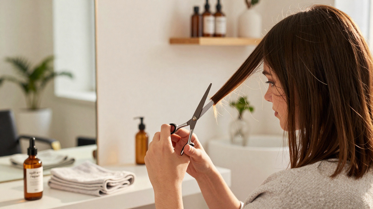 Mulher cortando o cabelo com tesoura em um banheiro bem iluminado e organizado.