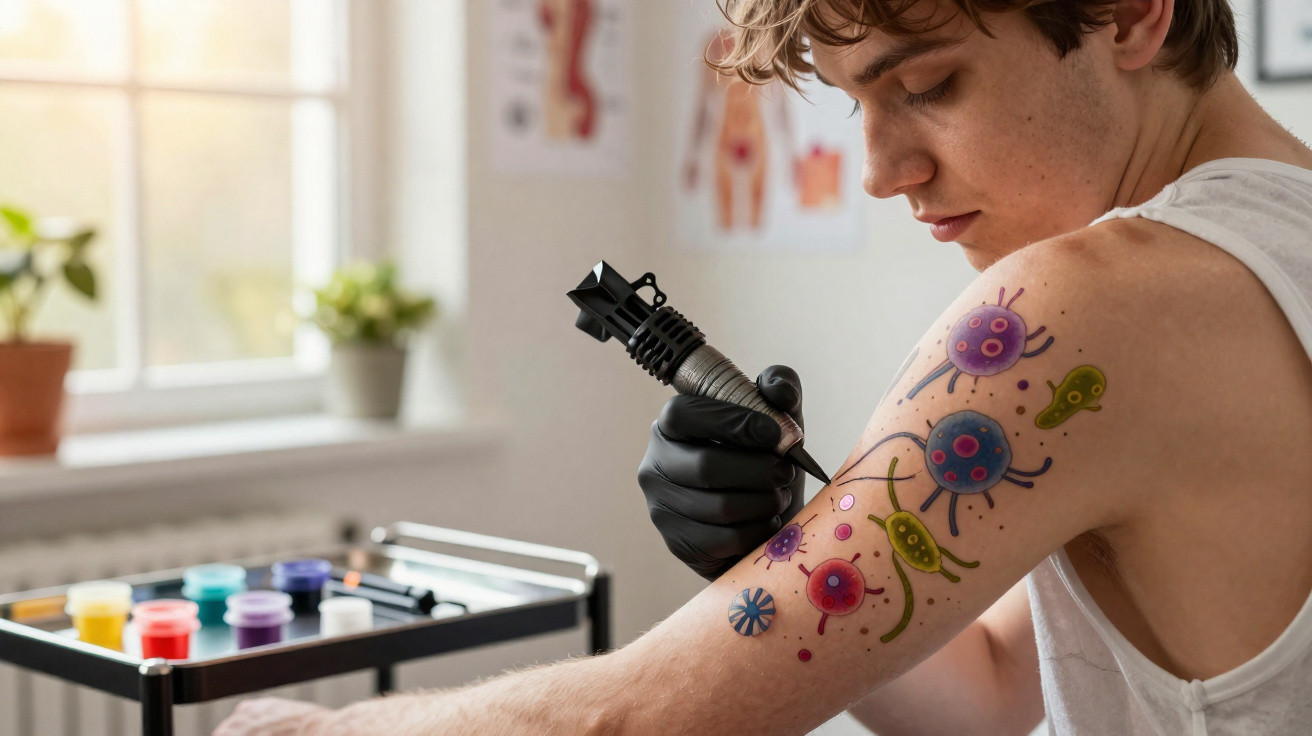 Jovem recebendo tatuagem colorida de microrganismos no braço em estúdio de tatuagem iluminado.