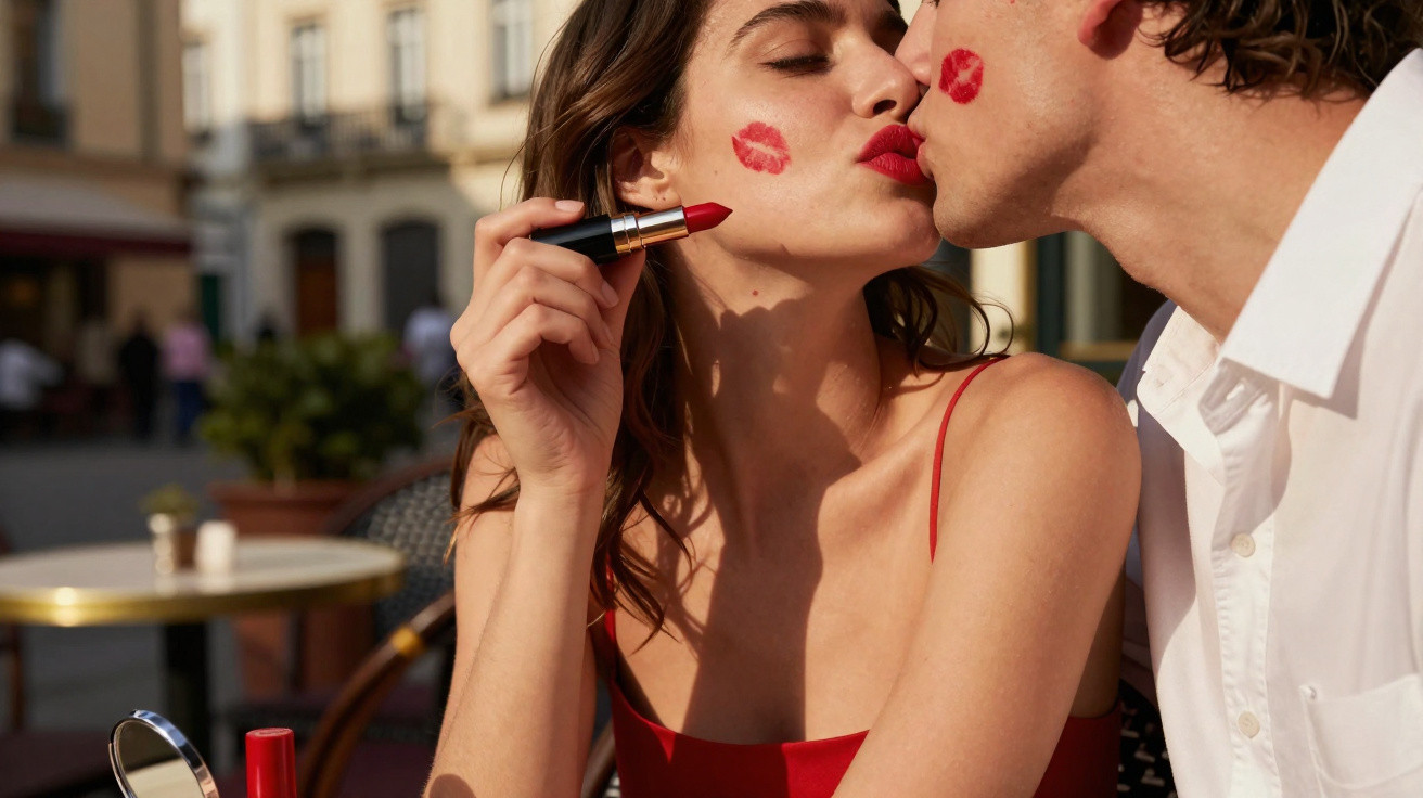Casal trocando beijo com batom vermelho, com marcas de beijo no rosto em ambiente ao ar livre.