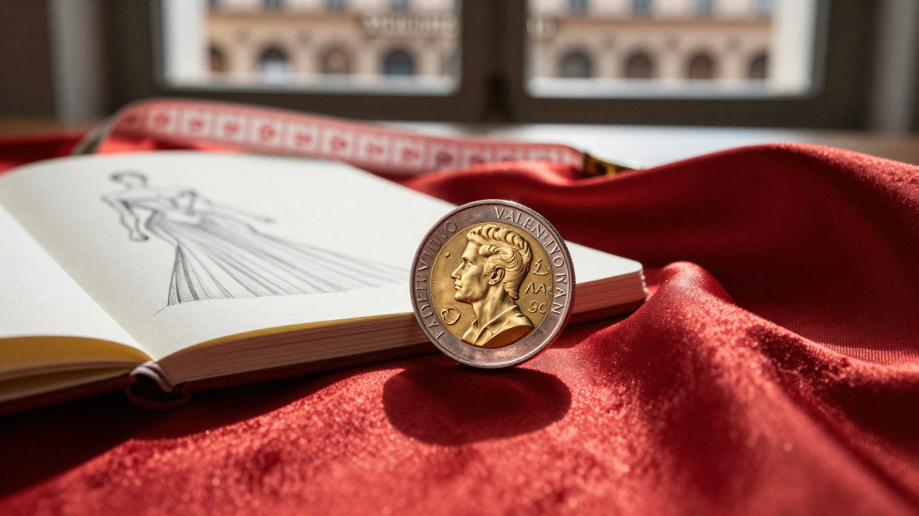 Livro aberto com esboço de vestido, fita métrica e medalha Valentino sobre tecido vermelho.