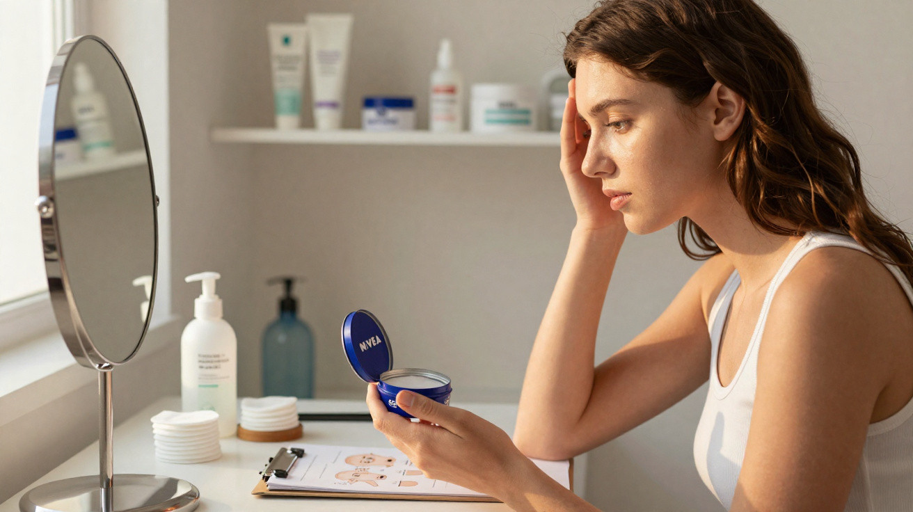 Mulher olhando para espelho e segurando pote de creme Nivea em mesa com itens de skincare.