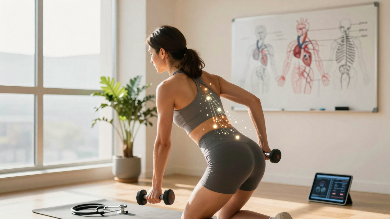 Mulher em roupa esportiva fazendo exercício de costas com halteres em ambiente iluminado e quadro anatômico ao fundo.