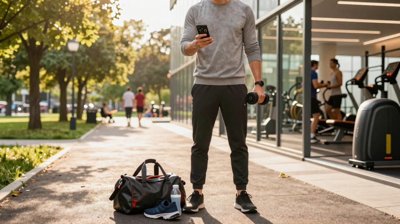 Homem com roupa esportiva segurando haltere e celular em frente à academia ao ar livre.