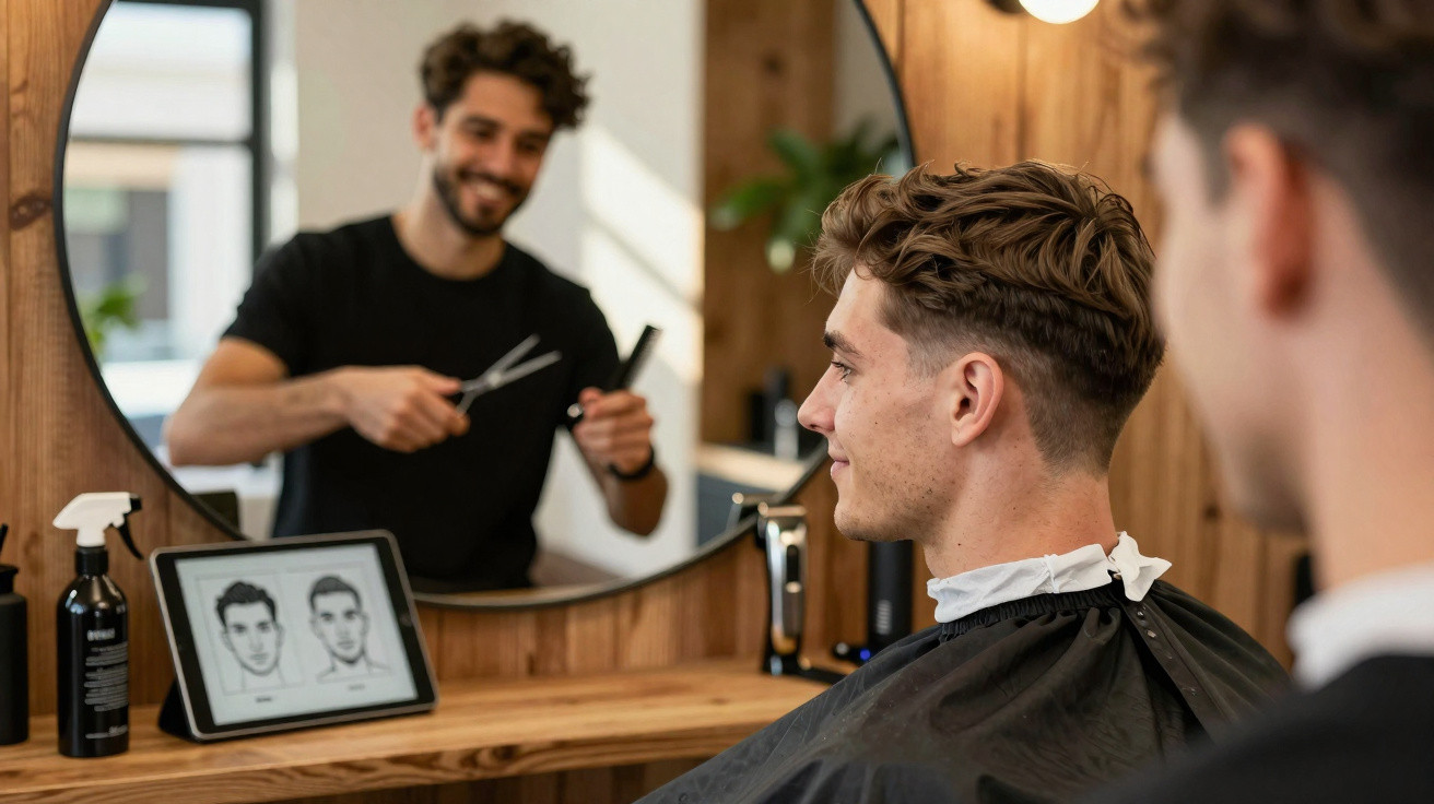 Homem sentado em cadeira de barbearia enquanto barbeiro prepara tesoura para cortar cabelo.