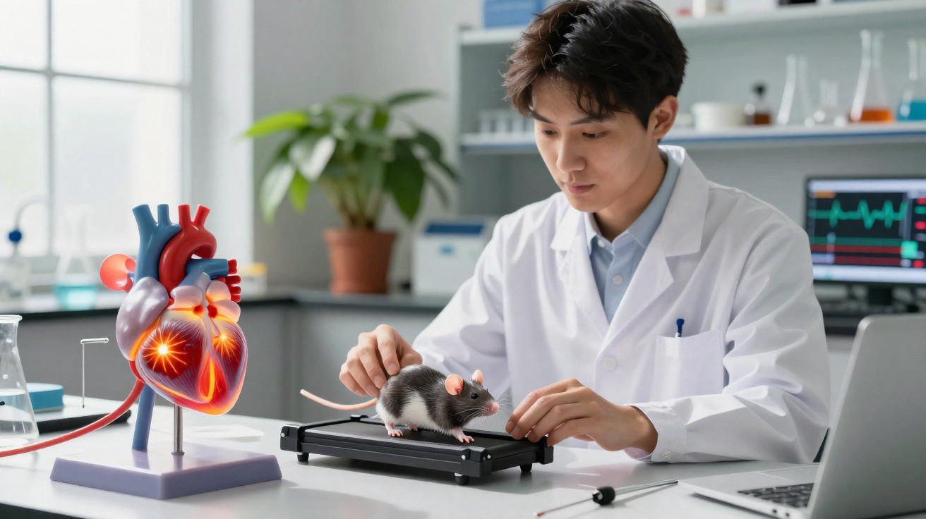 Cientista em laboratório manuseia rato de laboratório próximo a modelo anatômico de coração.