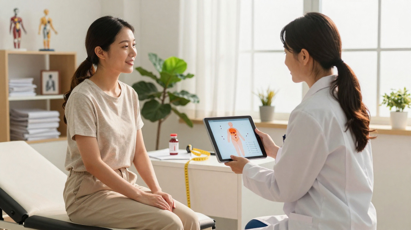 Paciente sentada à frente de médica que mostra imagem anatômica em tablet durante consulta em clínica.