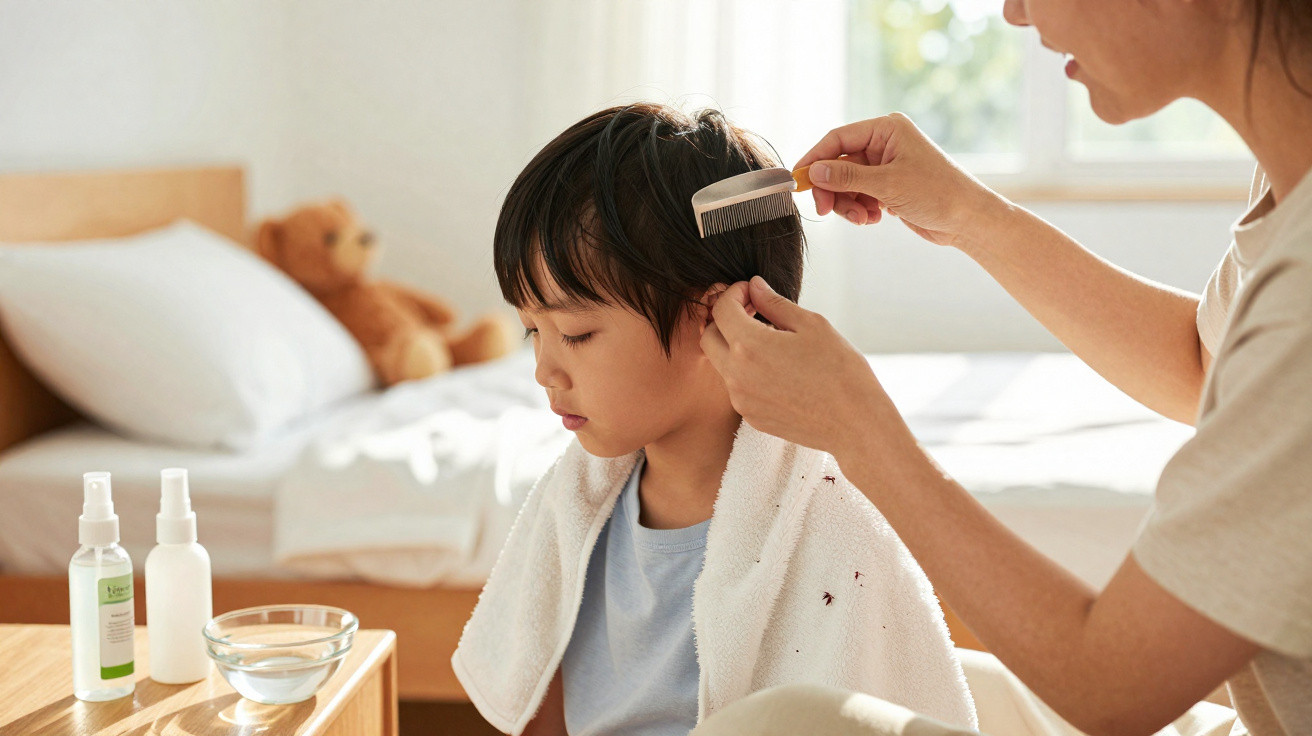 Adulto penteando cabelo de criança com toalha branca, em quarto com brinquedo e cama ao fundo.