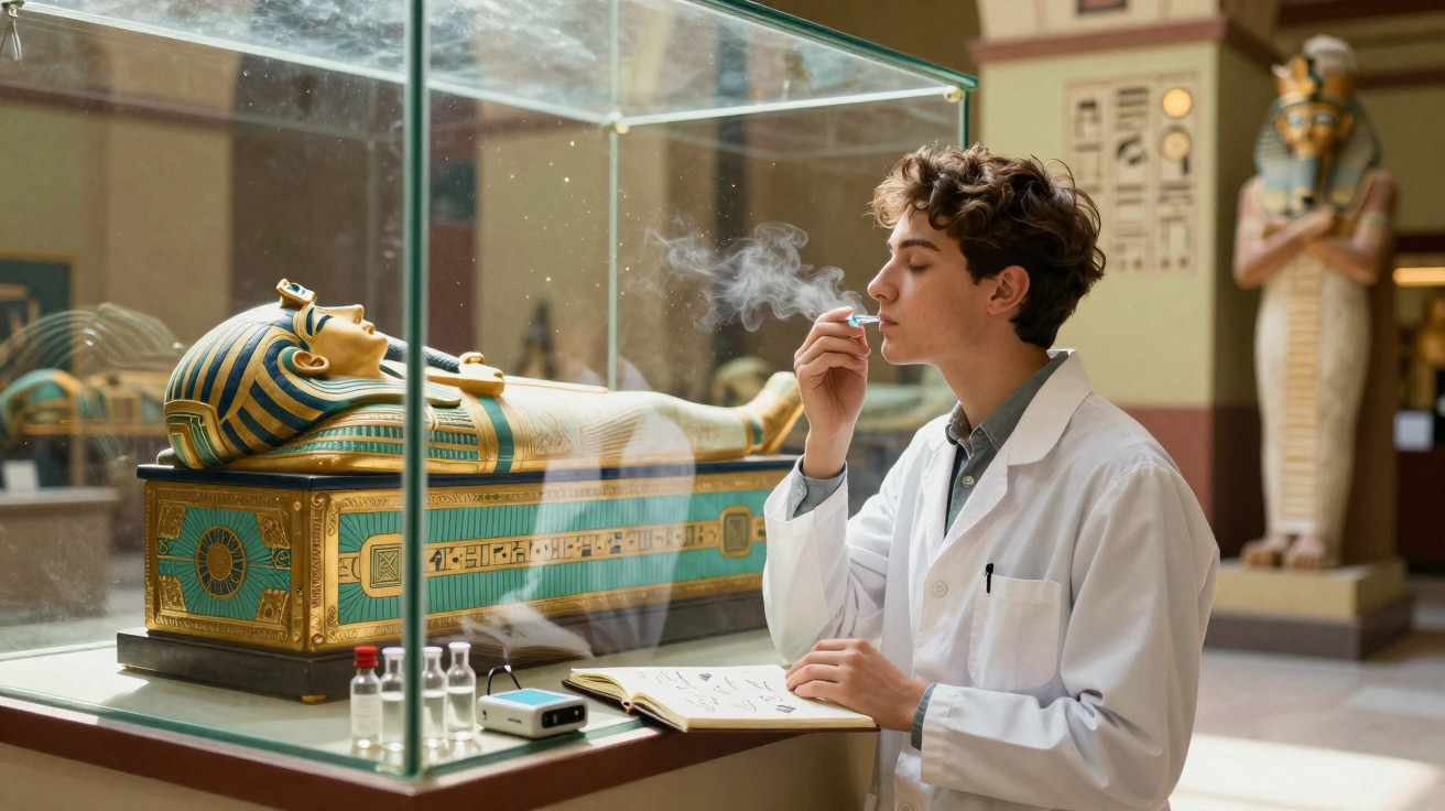 Jovem cientista em jaleco examina em museu um sarcófago egípcio dentro de vitrine de vidro.