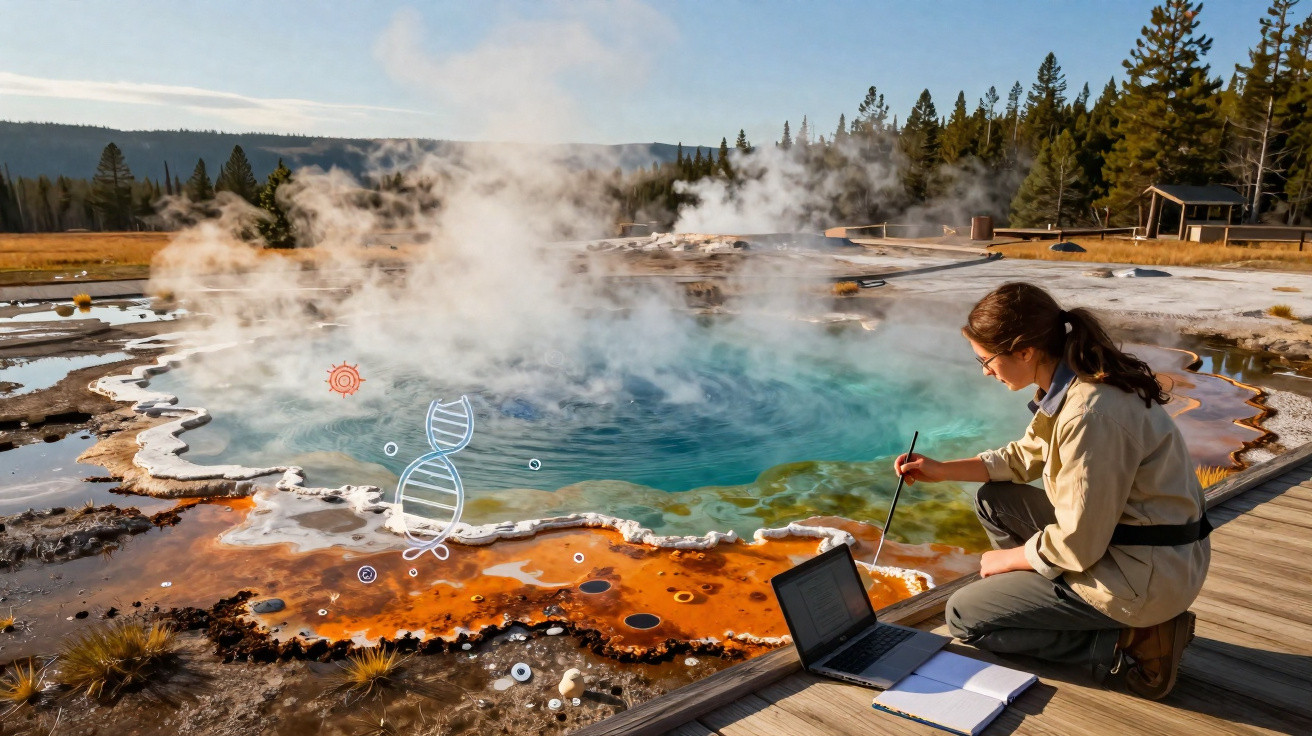 Mulher cientista examinando uma fonte termal colorida com laptop e caderno em passarela de madeira.