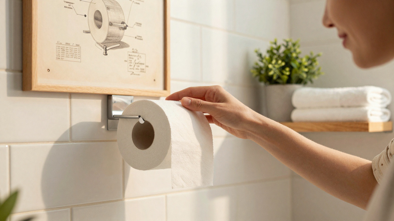 Pessoa pegando papel higiênico em suporte de parede com decoração de plantas e toalhas no banheiro.