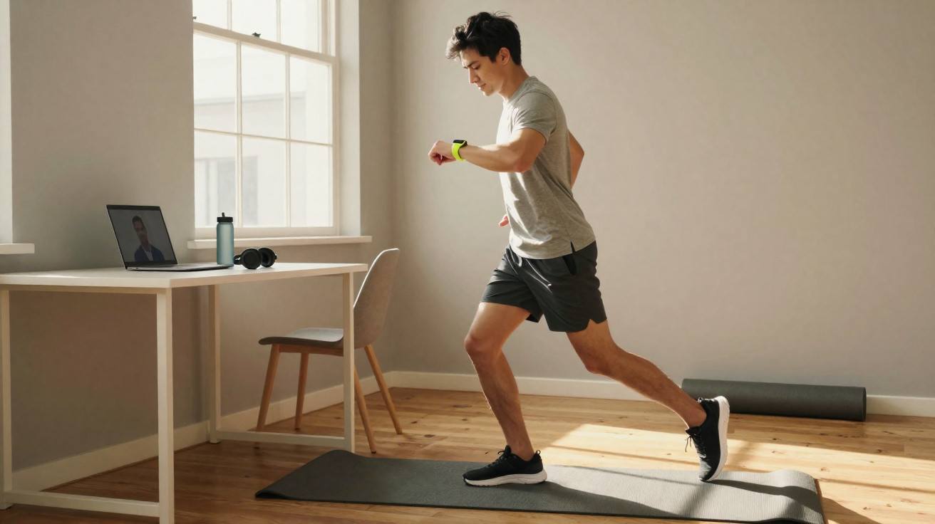 Homem fazendo exercícios em tapete fitness ao lado de mesa com laptop e garrafa d'água em ambiente iluminado.