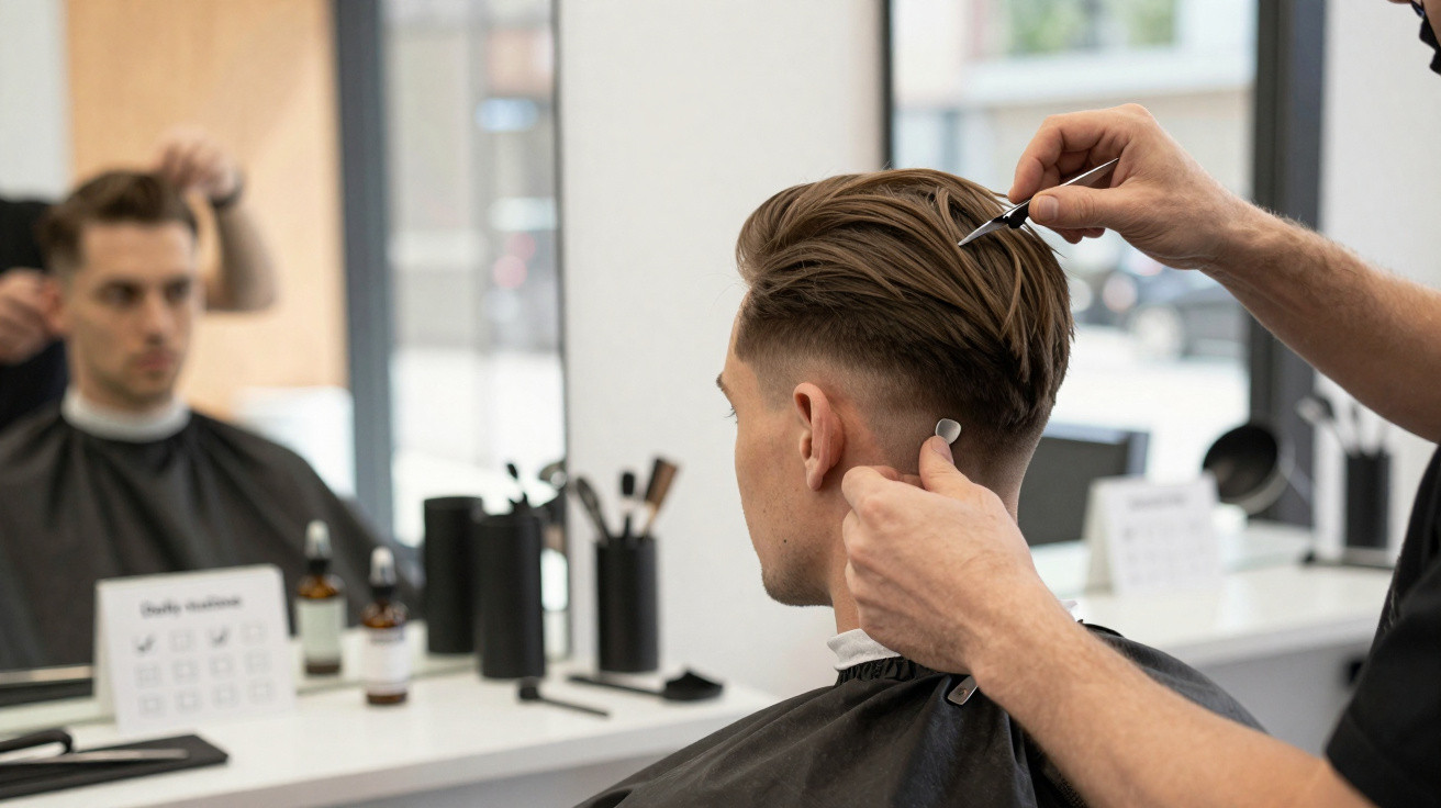 Homem cortando cabelo em barbearia enquanto se olha no espelho.