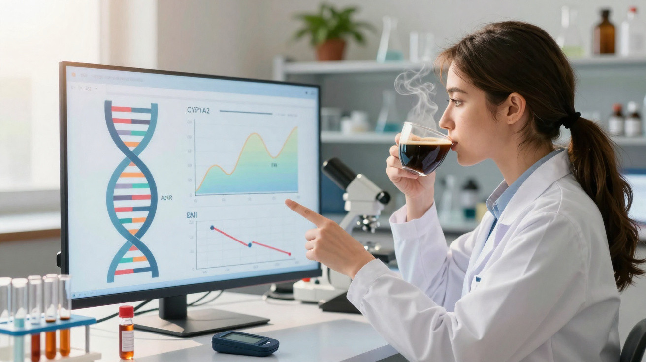 Pesquisadora em laboratório bebendo café e analisando gráficos e DNA em tela de computador.