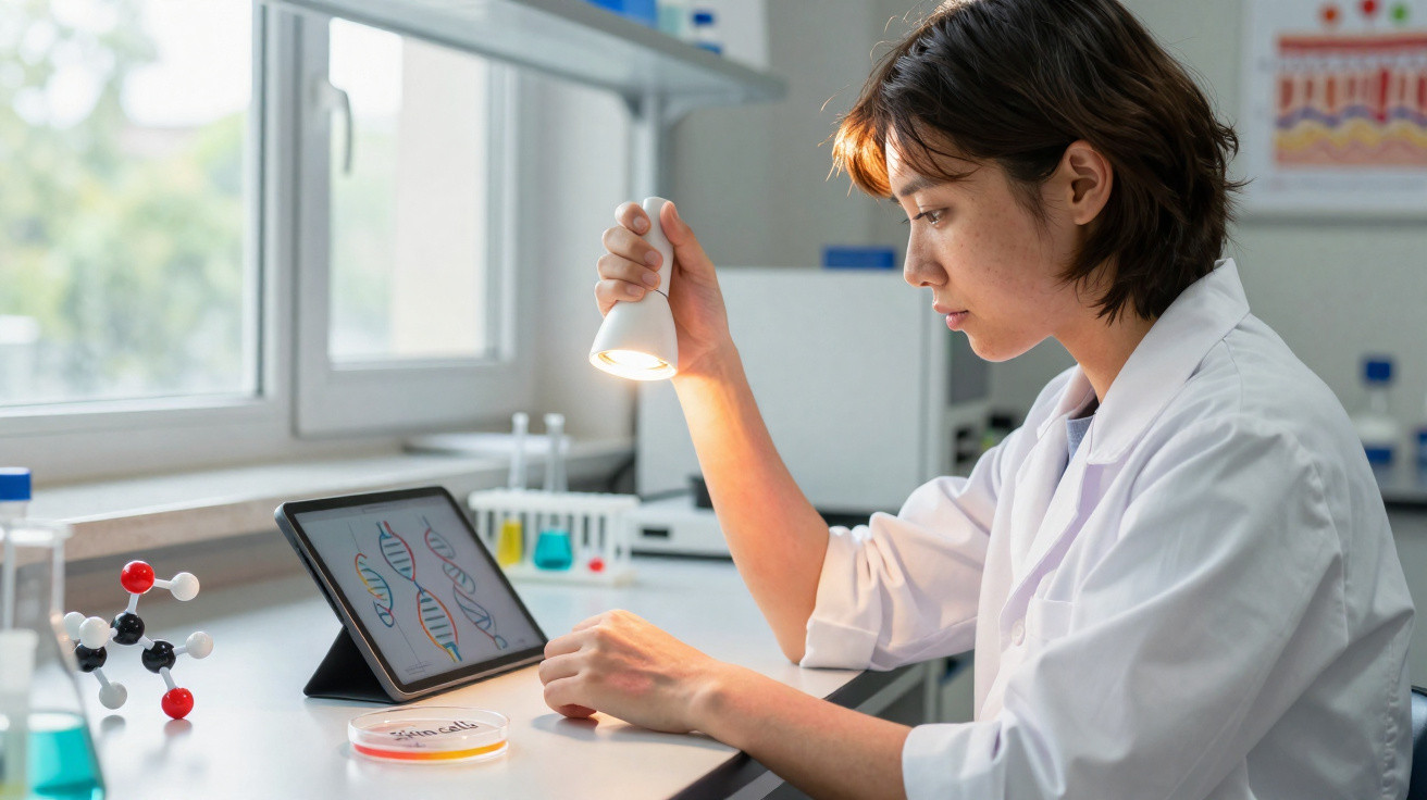 Pesquisadora em laboratório usando lanterna para examinar placa petri com tablet exibindo DNA ao fundo.
