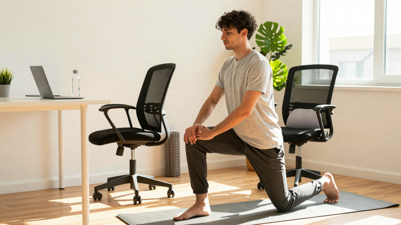 Homem fazendo alongamento com apoio dos joelhos em tapete de yoga em escritório iluminado.