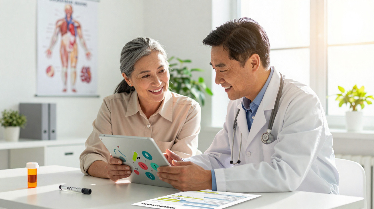 Paciente sorridente consulta médico que aponta informações em tablet em consultório iluminado por luz natural.