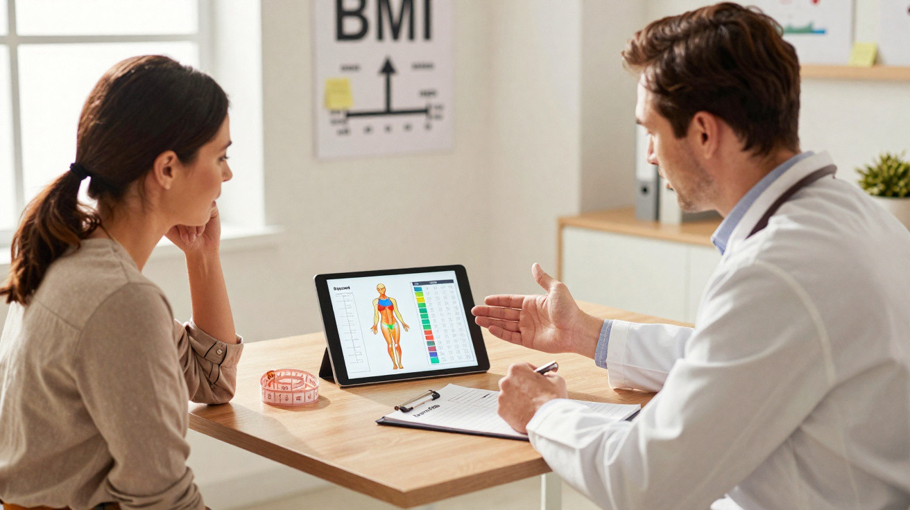 Médico consulta mulher sobre saúde e mostra tabela de corpo humano em tablet em clínica.
