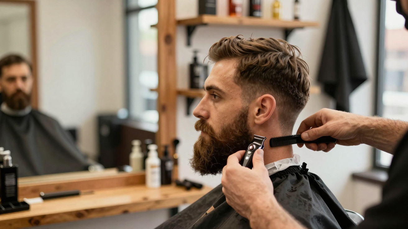 Homem com barba sendo aparado por barbeiro em barbearia com espelho e produtos ao fundo.