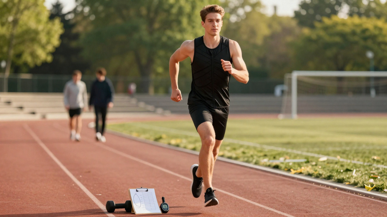 Jovem correndo em pista de atletismo ao ar livre em dia ensolarado com apito e prancheta no chão.