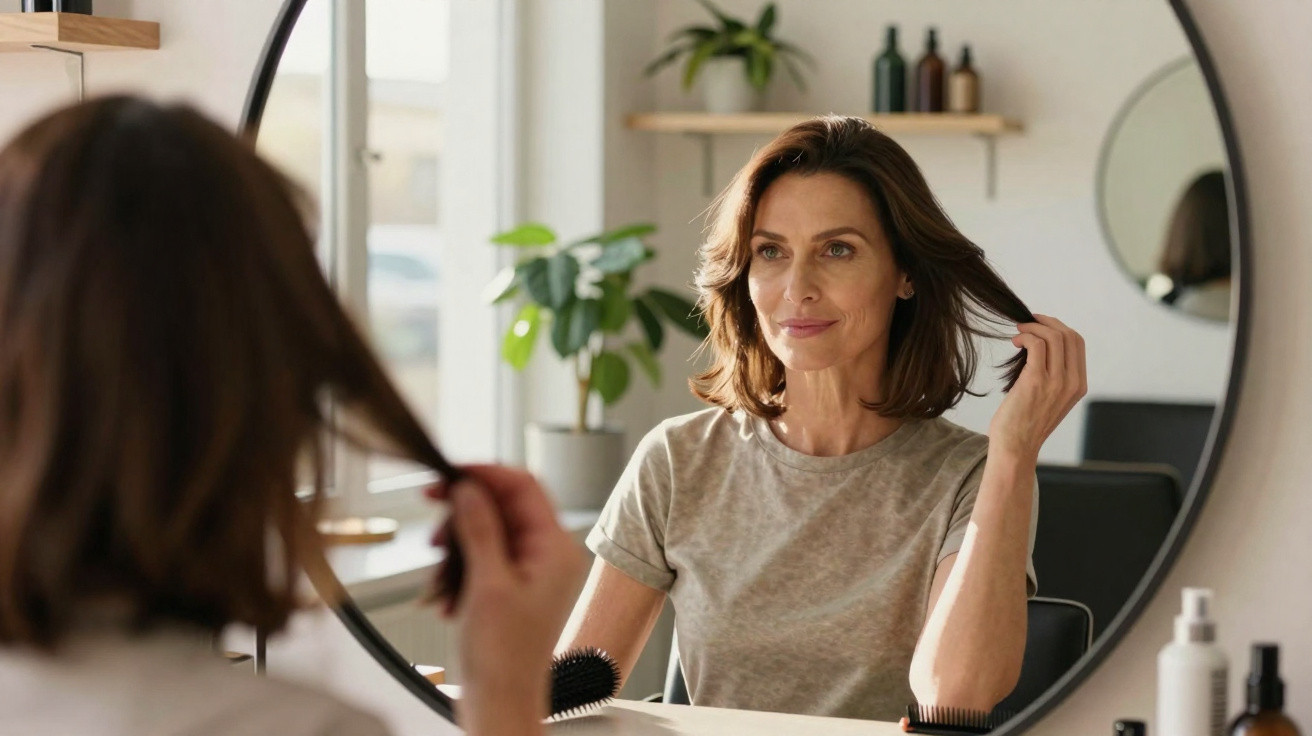 Mulher olhando e ajeitando o cabelo em frente a um espelho redondo em ambiente claro e acolhedor.