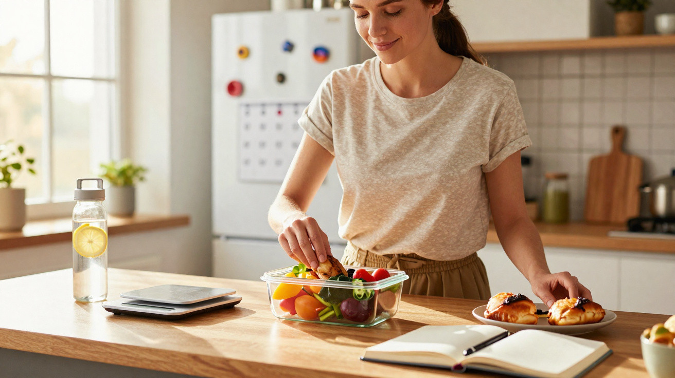 Mulher preparando salada em pote de vidro na cozinha, com livro aberto e croissants na mesa.