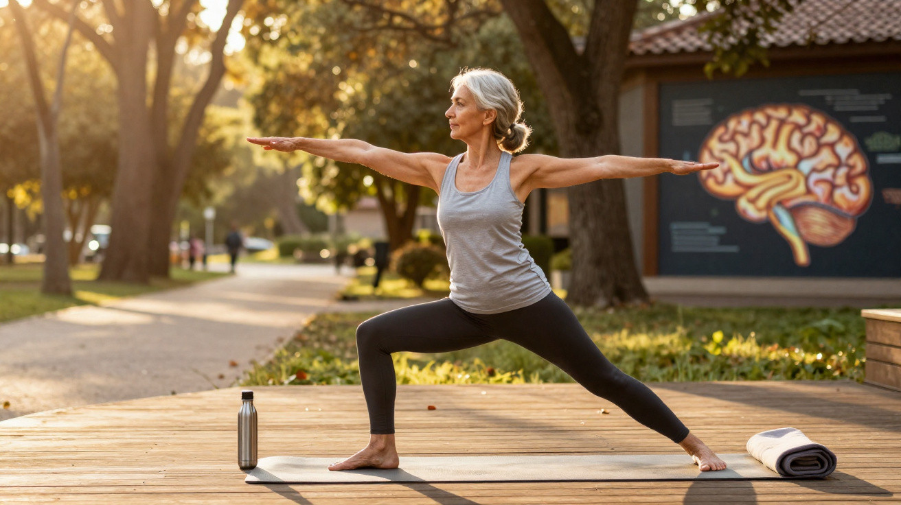 Mulher madura praticando yoga ao ar livre em parque, com estátua de cérebro ao fundo, ao pôr do sol.