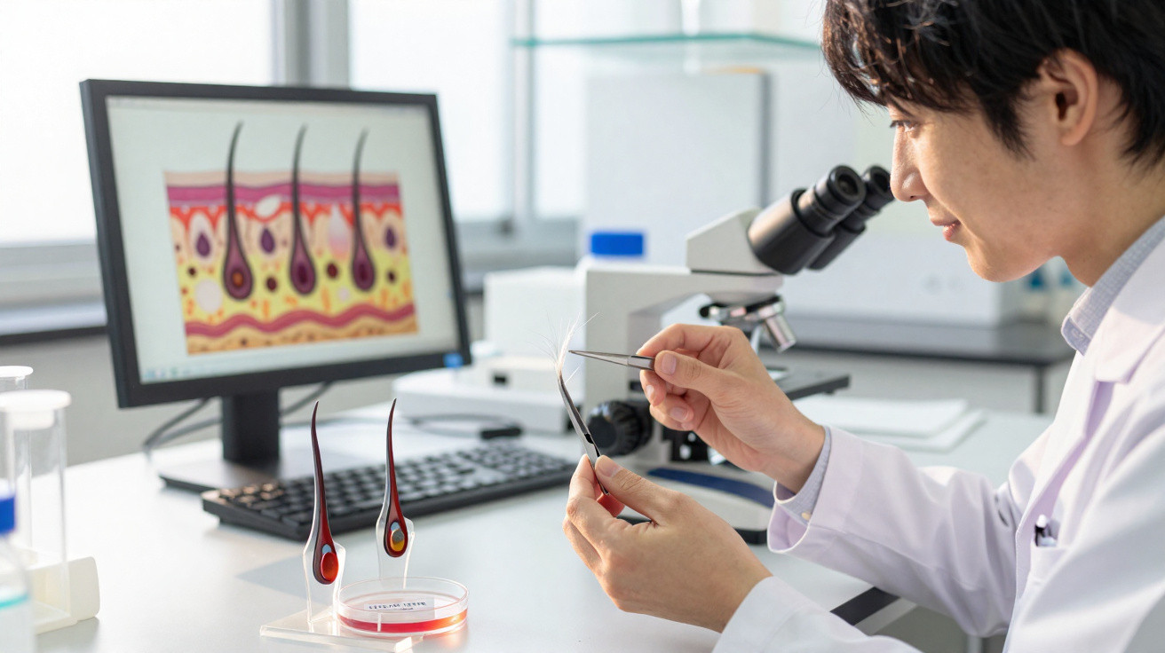 Cientista analisando fio de cabelo com pinça em laboratório, tela mostra imagem ampliada de couro cabeludo.