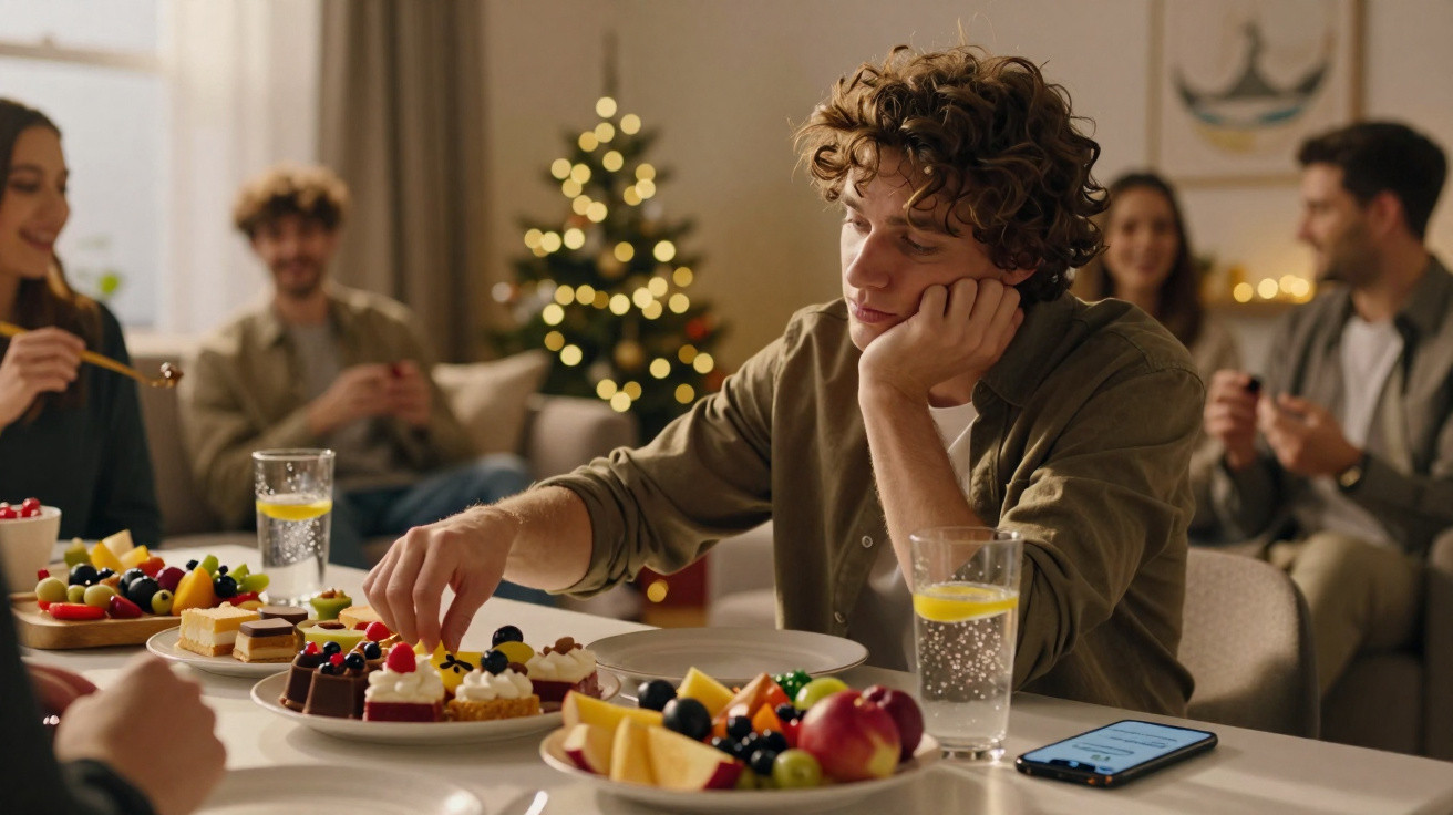 Jovem triste durante festa de Natal, sentado à mesa com várias sobremesas e frutas.