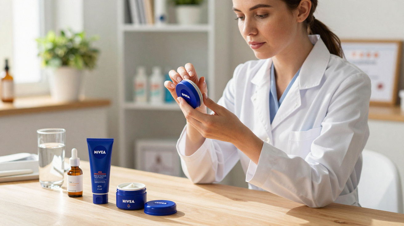 Mulher com jaleco branco manuseando creme Nivea azul em mesa com produtos de cuidados pessoais.