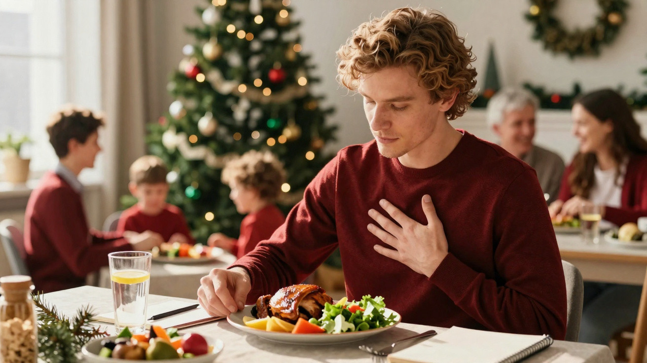 Jovem fazendo prece antes da ceia de Natal com árvore e família ao fundo.