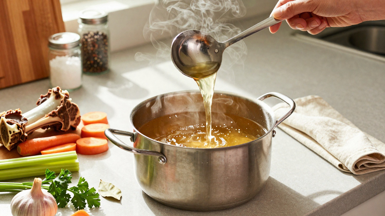 Mão despejando caldo quente com concha em panela de inox em bancada com ingredientes frescos ao lado.