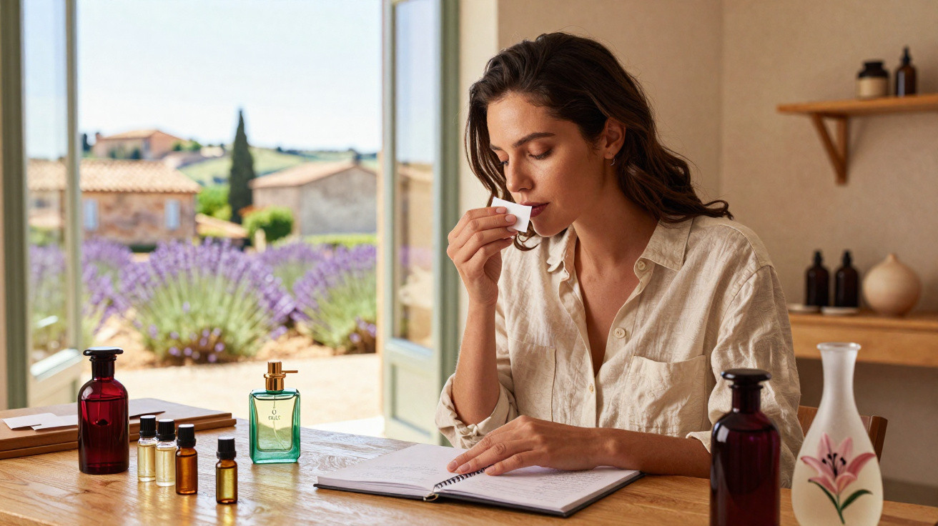 Mulher sentada cheirando amostra de perfume em casa com frascos e caderno na mesa diante de janela aberta.