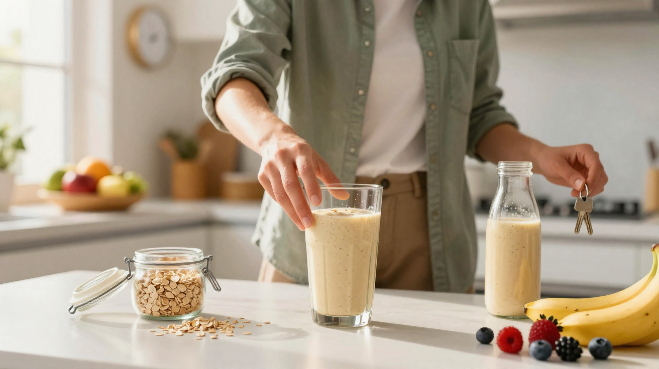Pessoa segurando um copo de smoothie com aveia, frutas e uma jarra na cozinha iluminada.