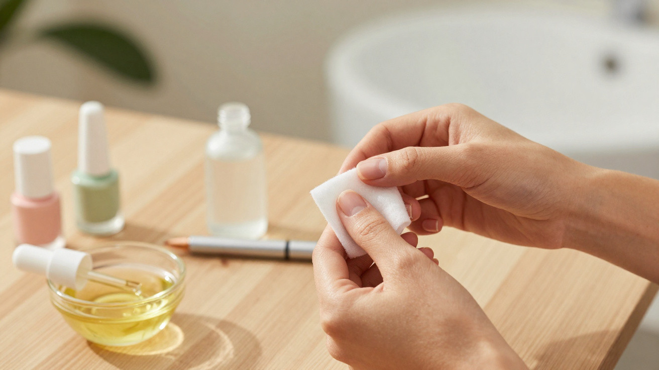 Mãos segurando algodão para remover esmalte em mesa com esmaltes, óleo e palito de manicure.