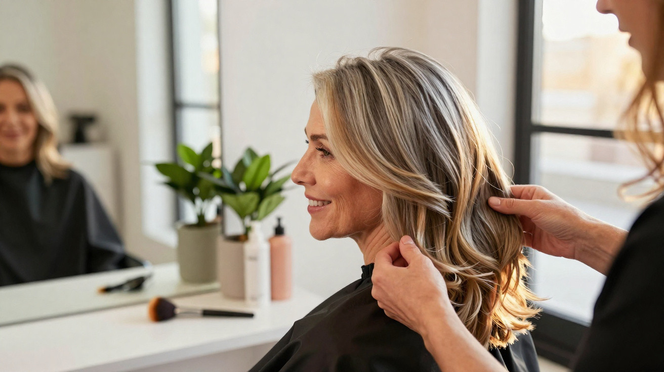 Mulher sorrindo sentada em salão de beleza enquanto cabelereira arruma seu cabelo loiro.