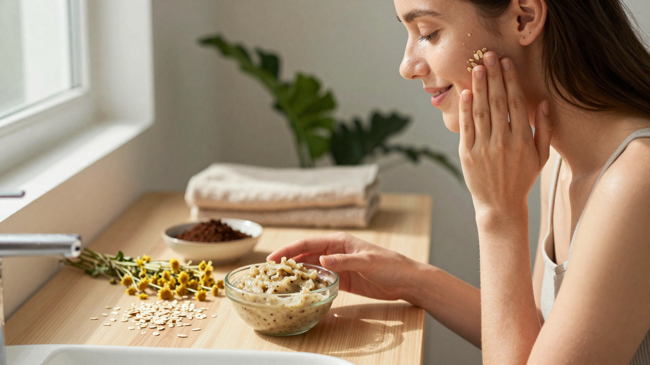 Mulher aplicando esfoliante facial caseiro com aveia na pele, ao lado de toalhas e flores.