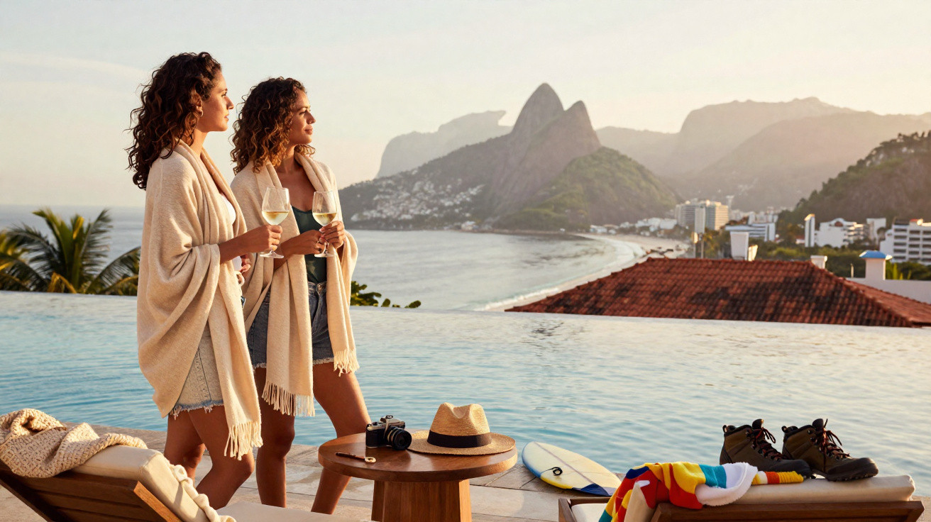 Duas mulheres com xales e taças de vinho em frente a piscina com vista para montanhas e praia ao pôr do sol.