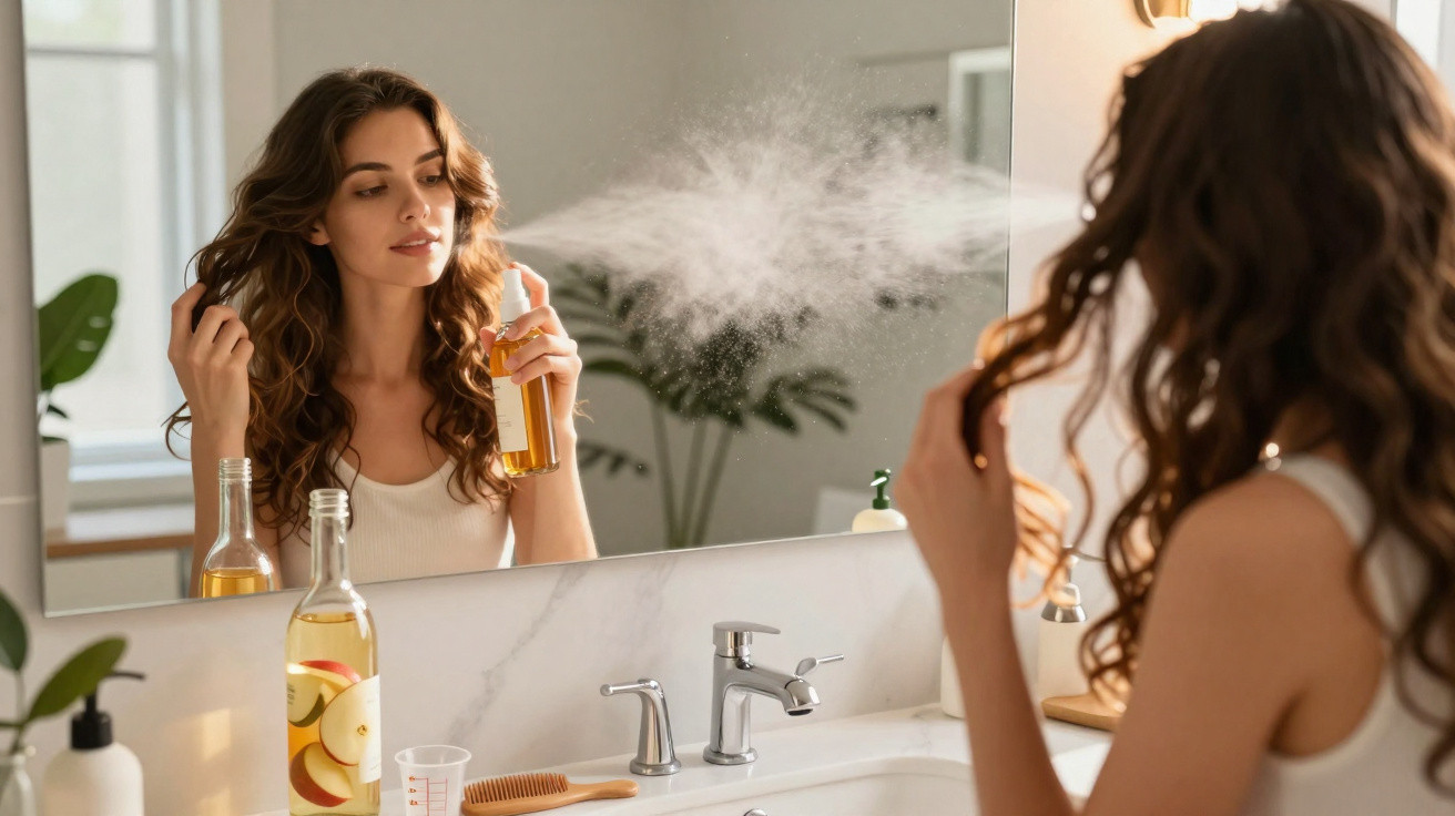 Mulher aplicando spray de cabelo em frente ao espelho do banheiro, com frascos e pente na pia.